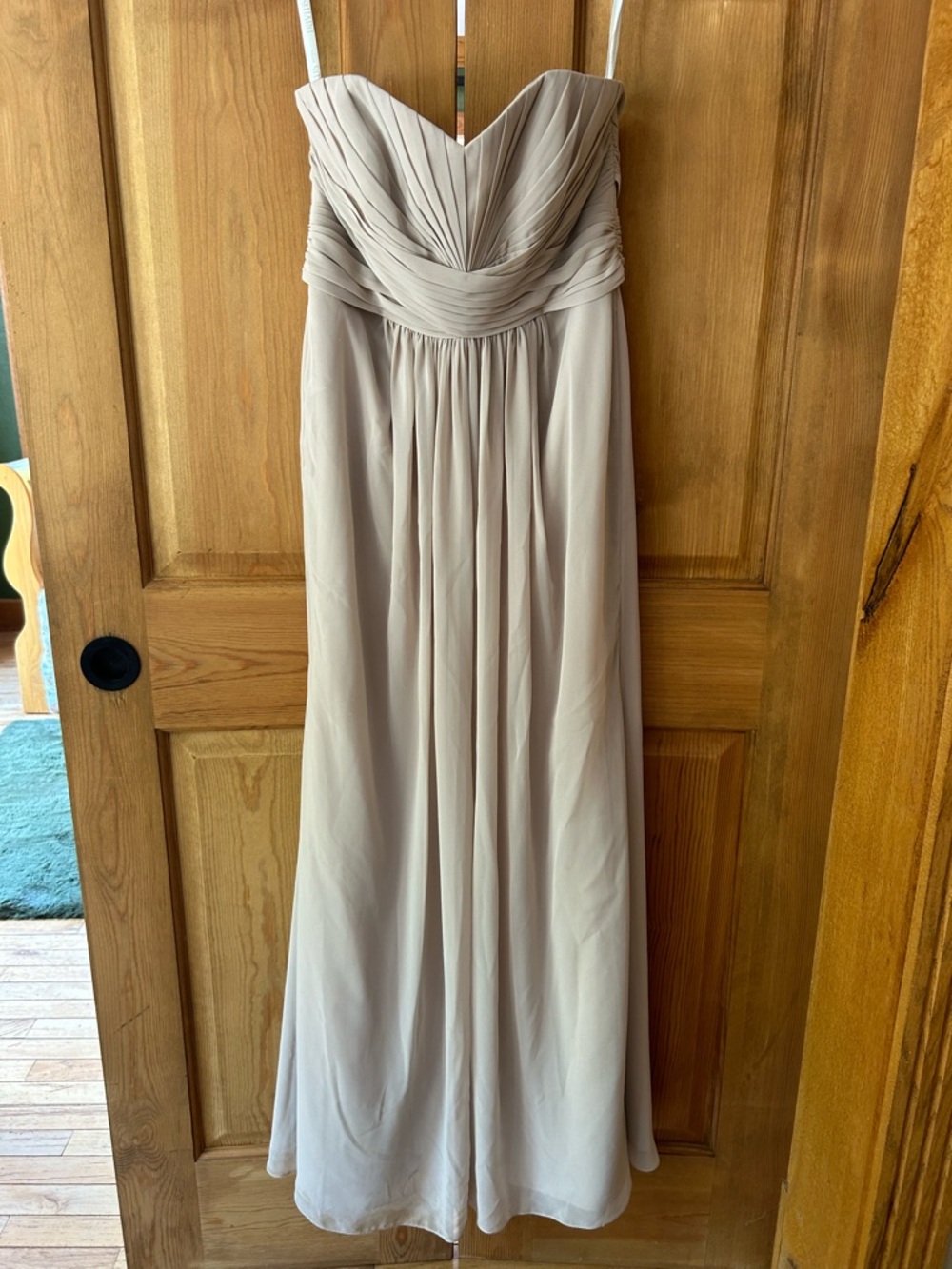 David's Bridal Strapless Chiffon Maxi Dress in Taupe